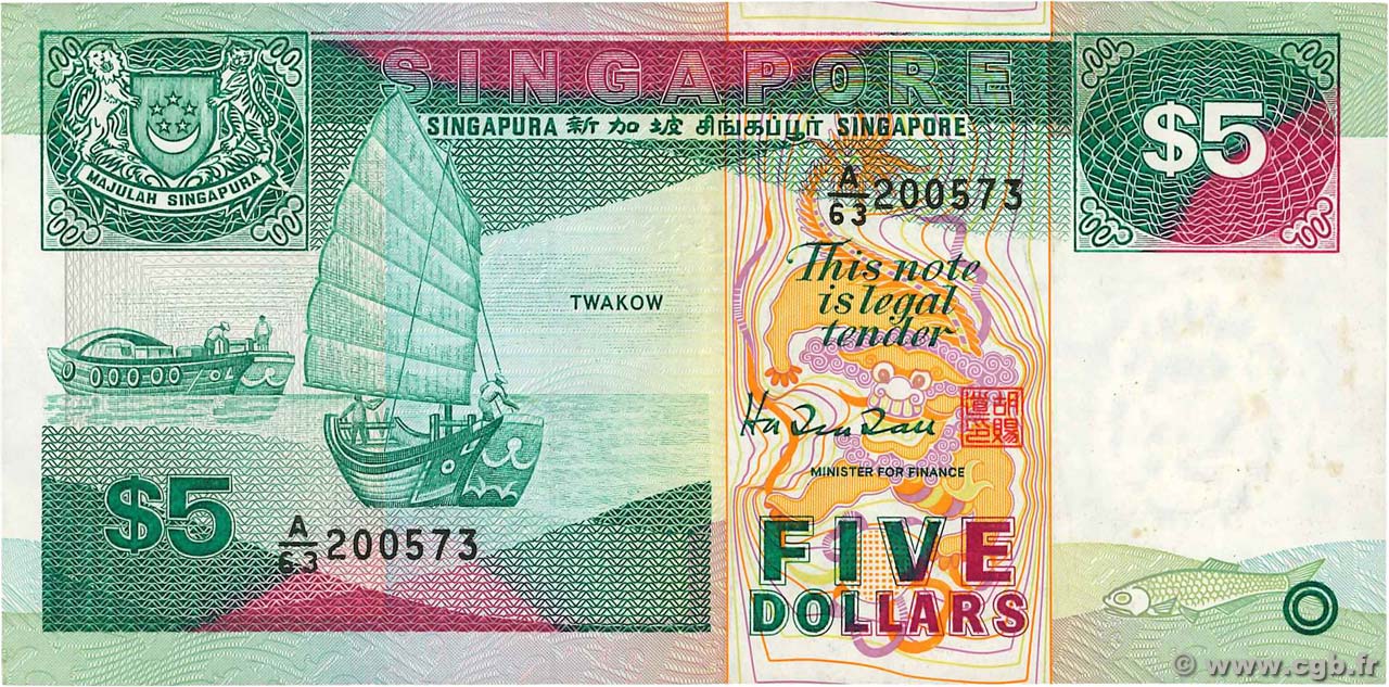 5 Dollars SINGAPORE  1997 P.19 VF