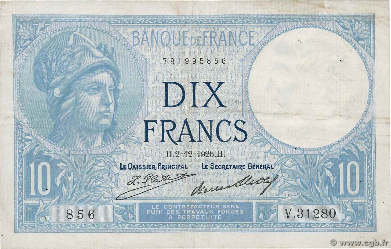 10 Francs MINERVE FRANCE  1926 F.06.11 TTB