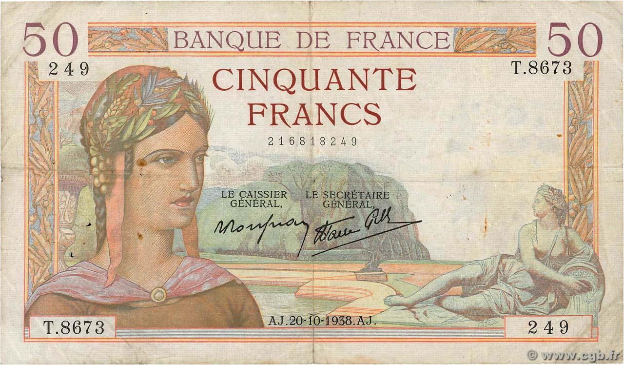 50 Francs CÉRÈS modifié FRANCE  1938 F.18.16 F