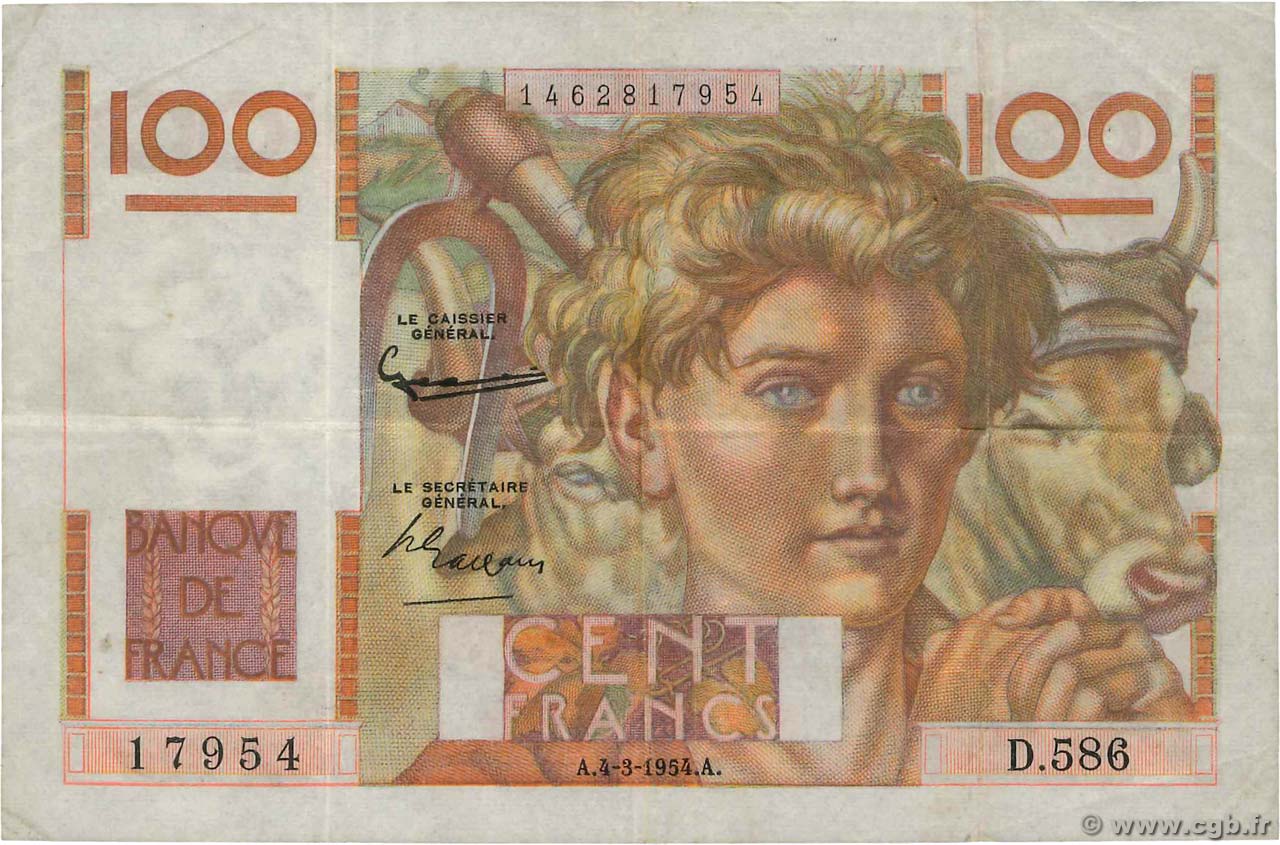 100 Francs JEUNE PAYSAN FRANCE  1954 F.28.42 pr.TTB