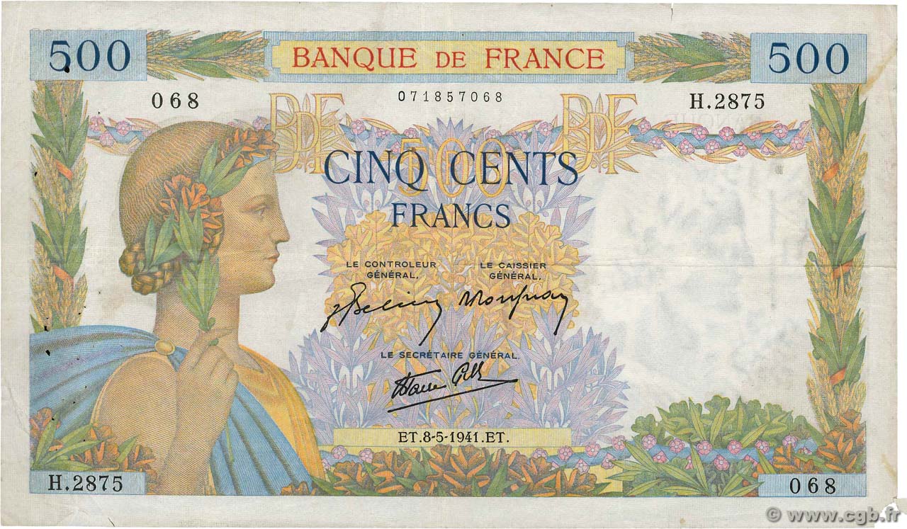 500 Francs LA PAIX FRANCE  1941 F.32.16 pr.TTB
