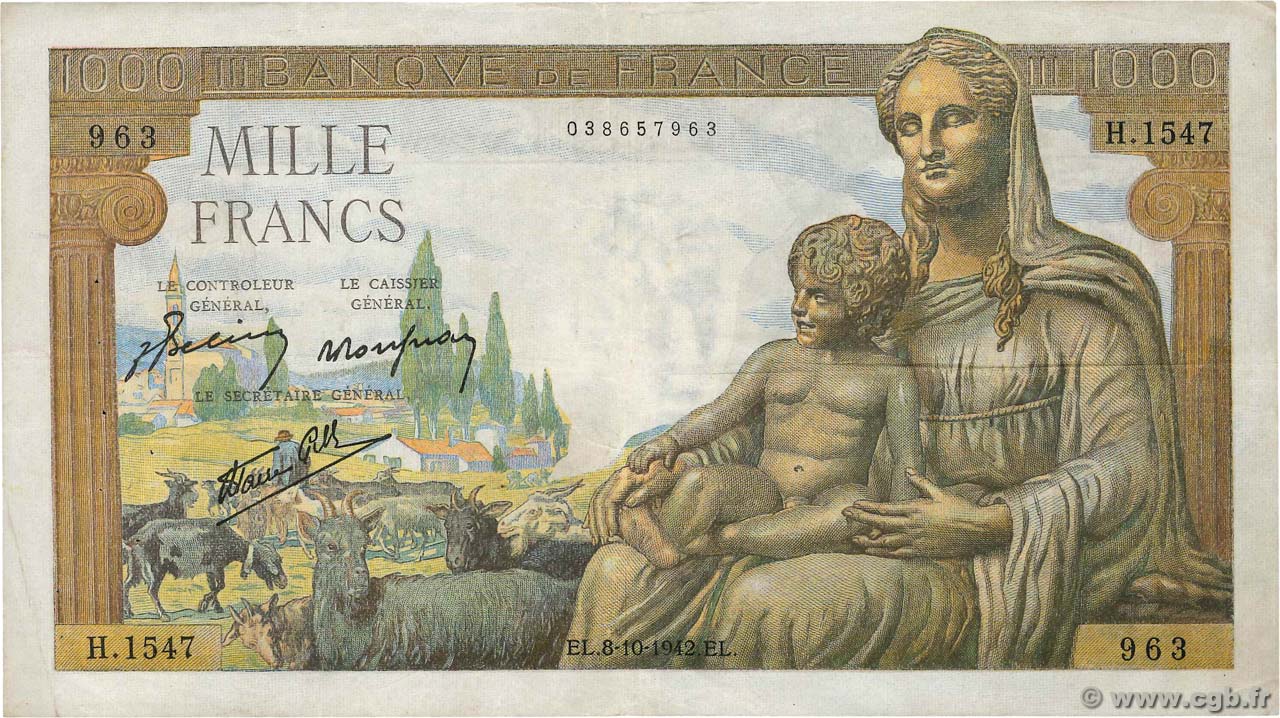 1000 Francs DÉESSE DÉMÉTER FRANCIA  1942 F.40.08 q.BB