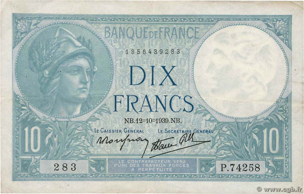 10 Francs MINERVE modifié FRANKREICH  1939 F.07.11 fSS