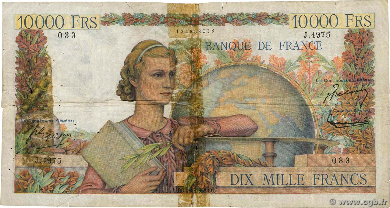 10000 Francs GÉNIE FRANÇAIS FRANKREICH  1953 F.50.66 fSGE