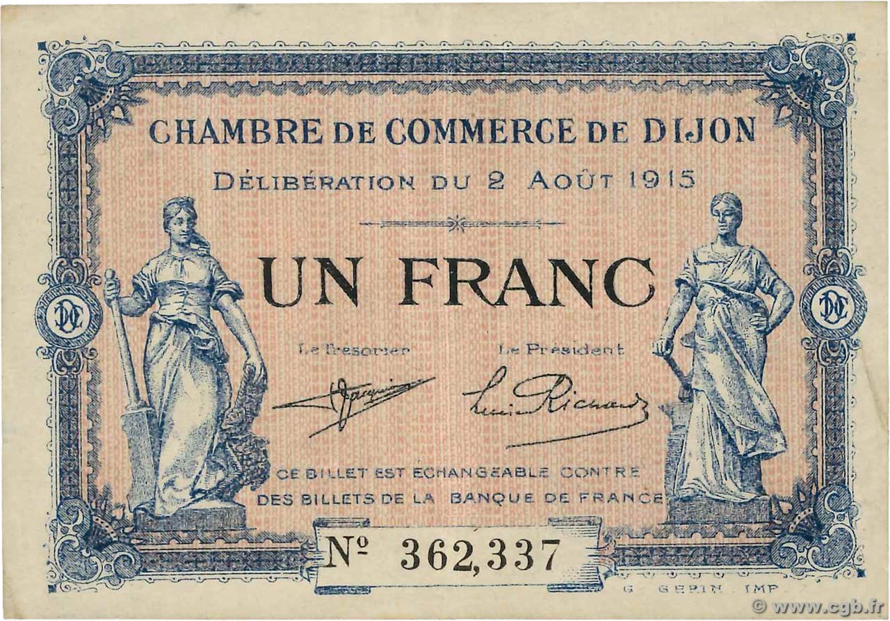 1 Franc FRANCE regionalismo y varios Dijon 1915 JP.053.04 MBC