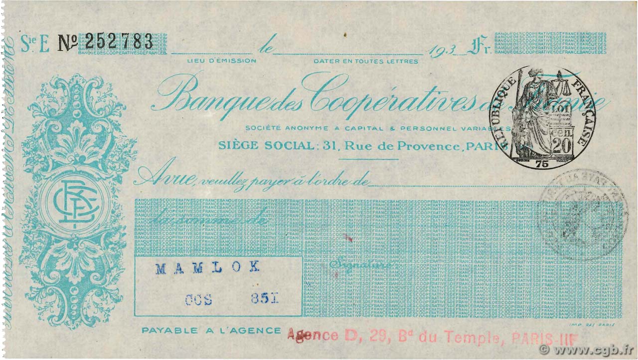 Francs FRANCE Regionalismus und verschiedenen Paris 1933 DOC.Chèque VZ