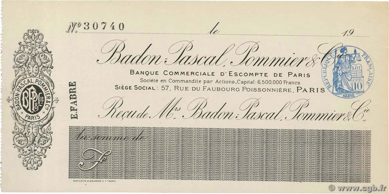Francs FRANCE regionalism and various Paris 1908 DOC.Chèque XF