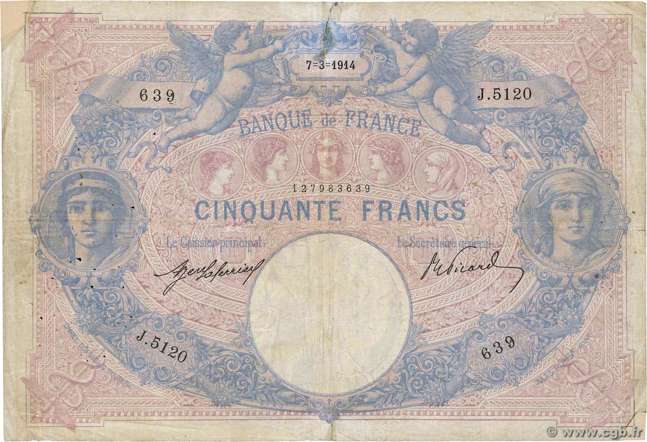 50 Francs BLEU ET ROSE FRANCE  1914 F.14.27 VG