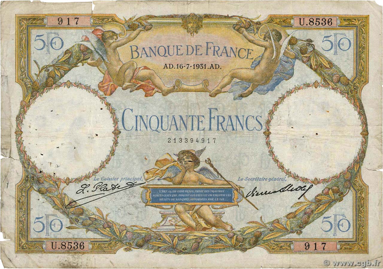 50 Francs LUC OLIVIER MERSON type modifié FRANKREICH  1931 F.16.02 fSGE