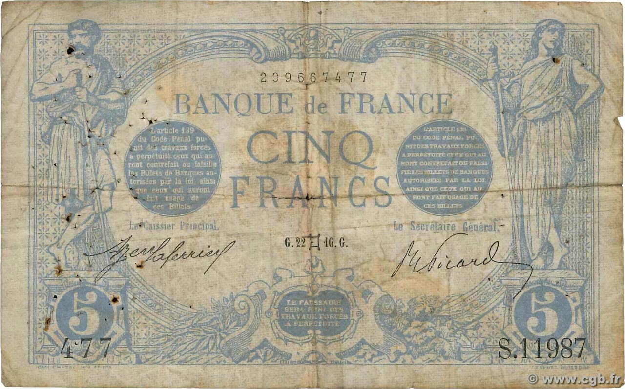 5 Francs BLEU FRANKREICH  1916 F.02.39 fS