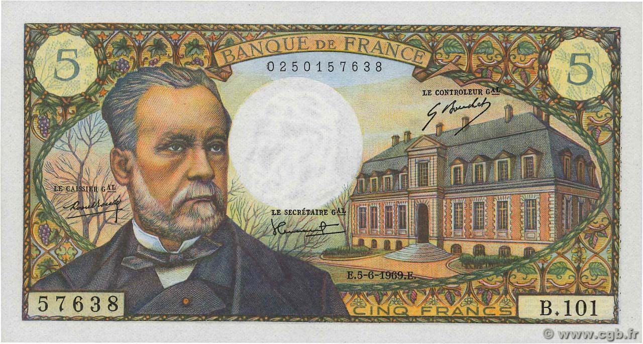 5 Francs PASTEUR FRANCIA  1969 F.61.10 q.AU