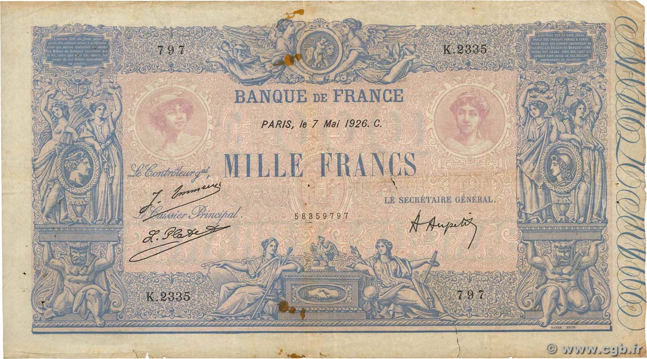 1000 Francs BLEU ET ROSE FRANCIA  1926 F.36.42 MB