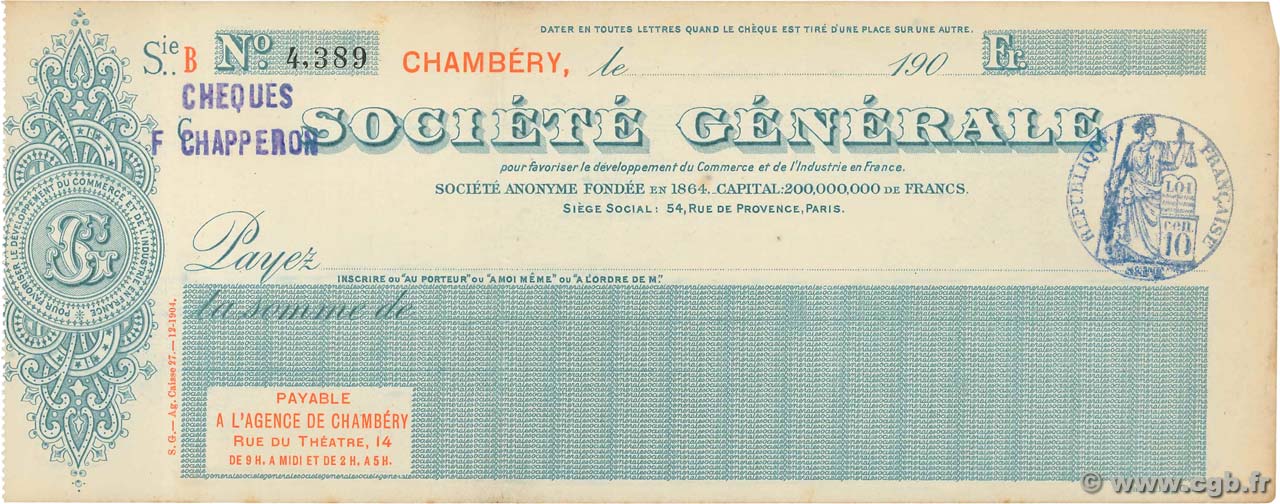 Francs FRANCE Regionalismus und verschiedenen Chambéry 1900 DOC.Chèque VZ