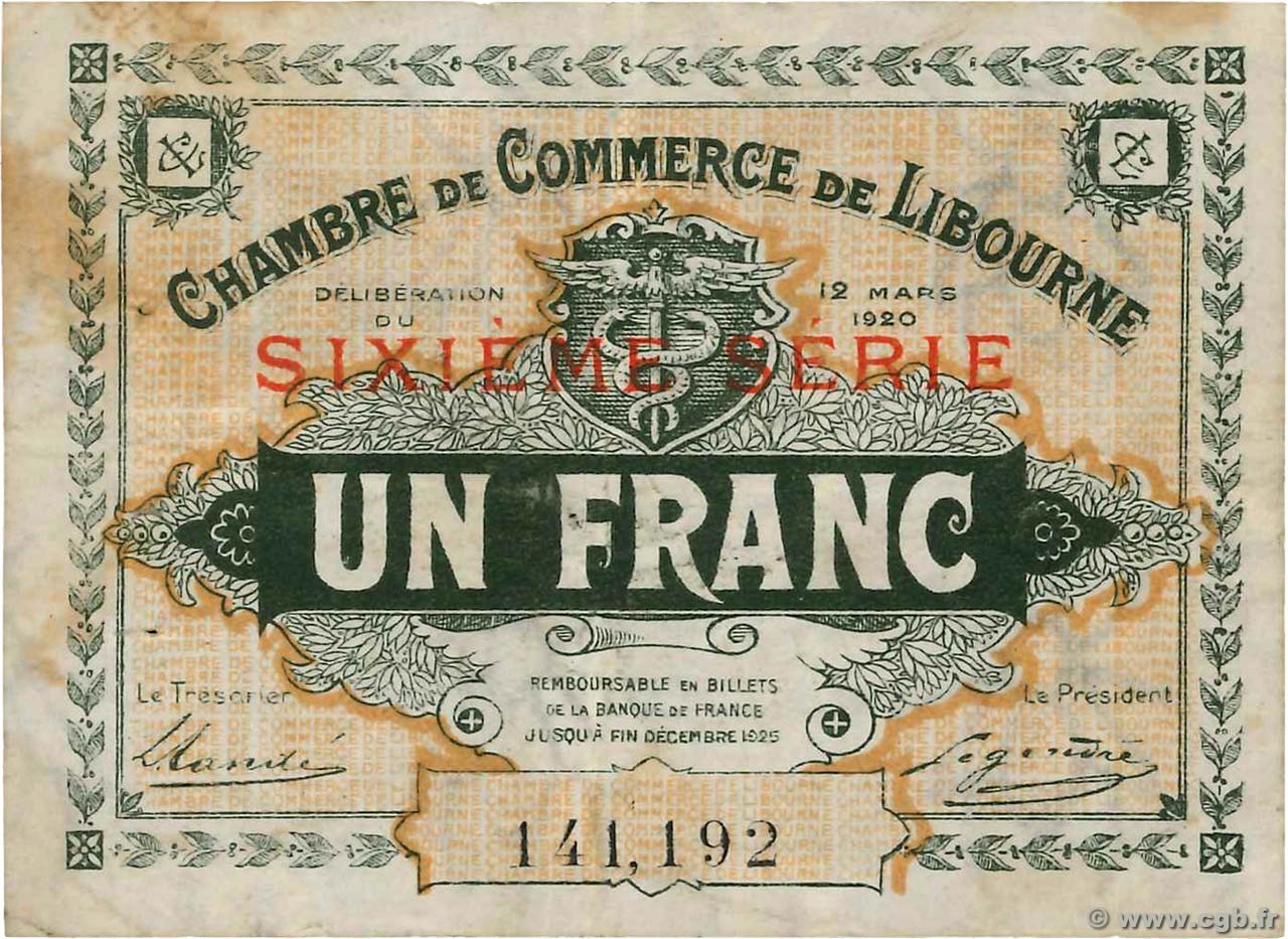1 Franc FRANCE regionalism and miscellaneous Libourne 1920 JP.072.30 F