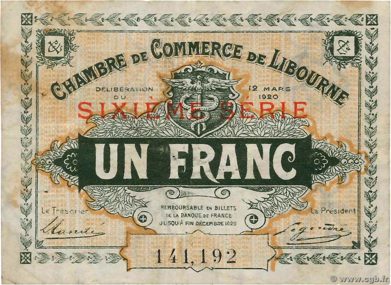 1 Franc FRANCE regionalismo y varios Libourne 1920 JP.072.30 BC