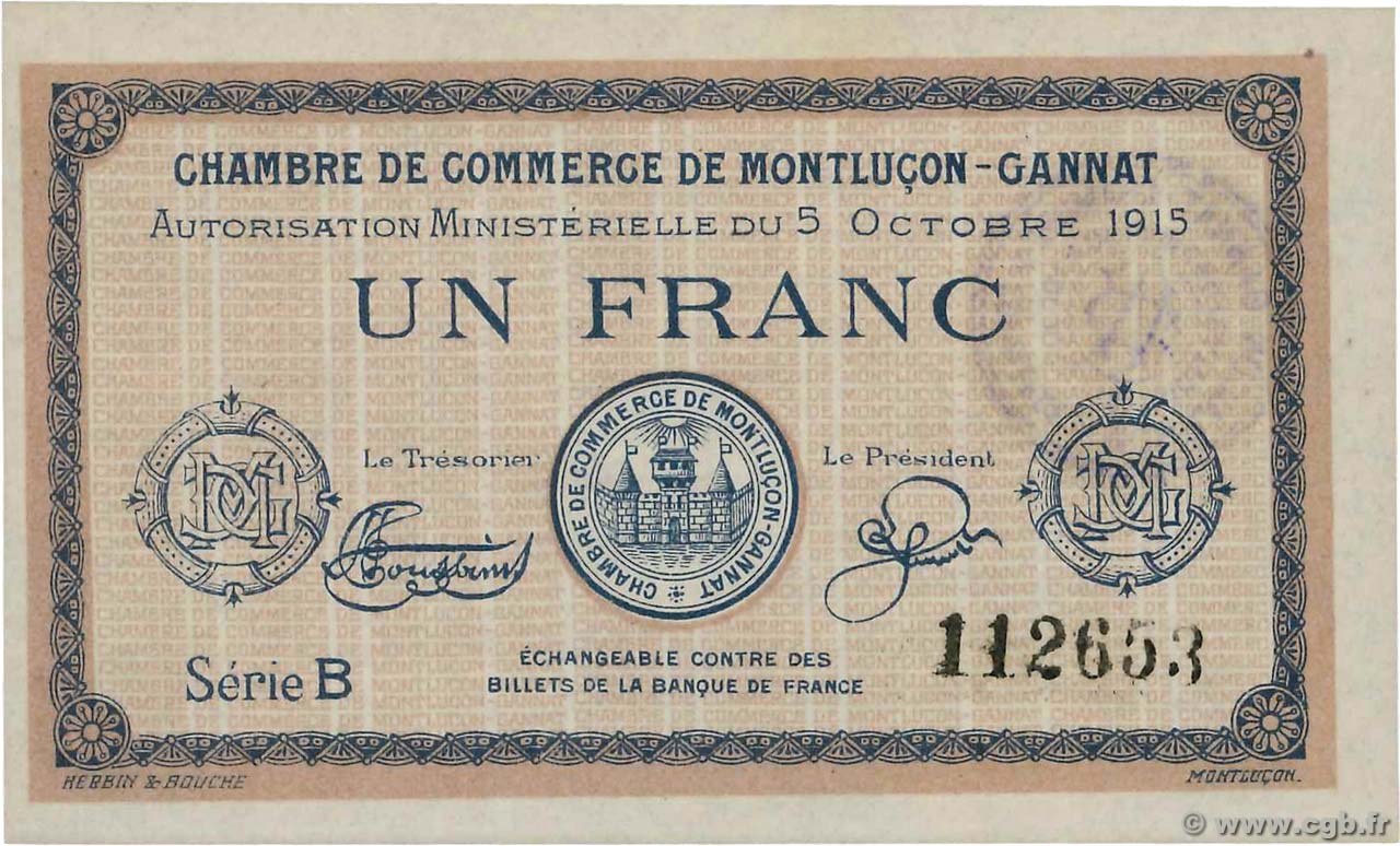 1 Franc FRANCE Regionalismus und verschiedenen  1915 JP.084.15var. fST+