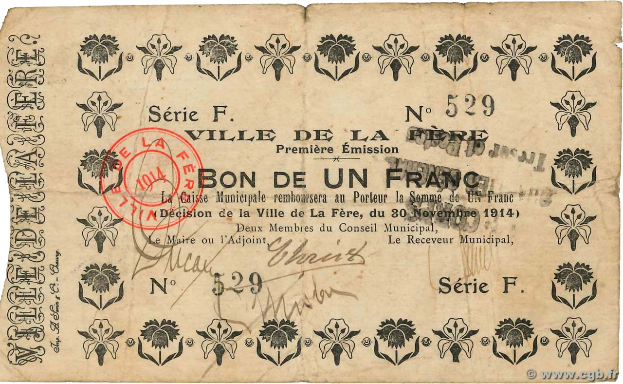 1 Franc FRANCE régionalisme et divers La Fère 1914 JP.02-0784 TB
