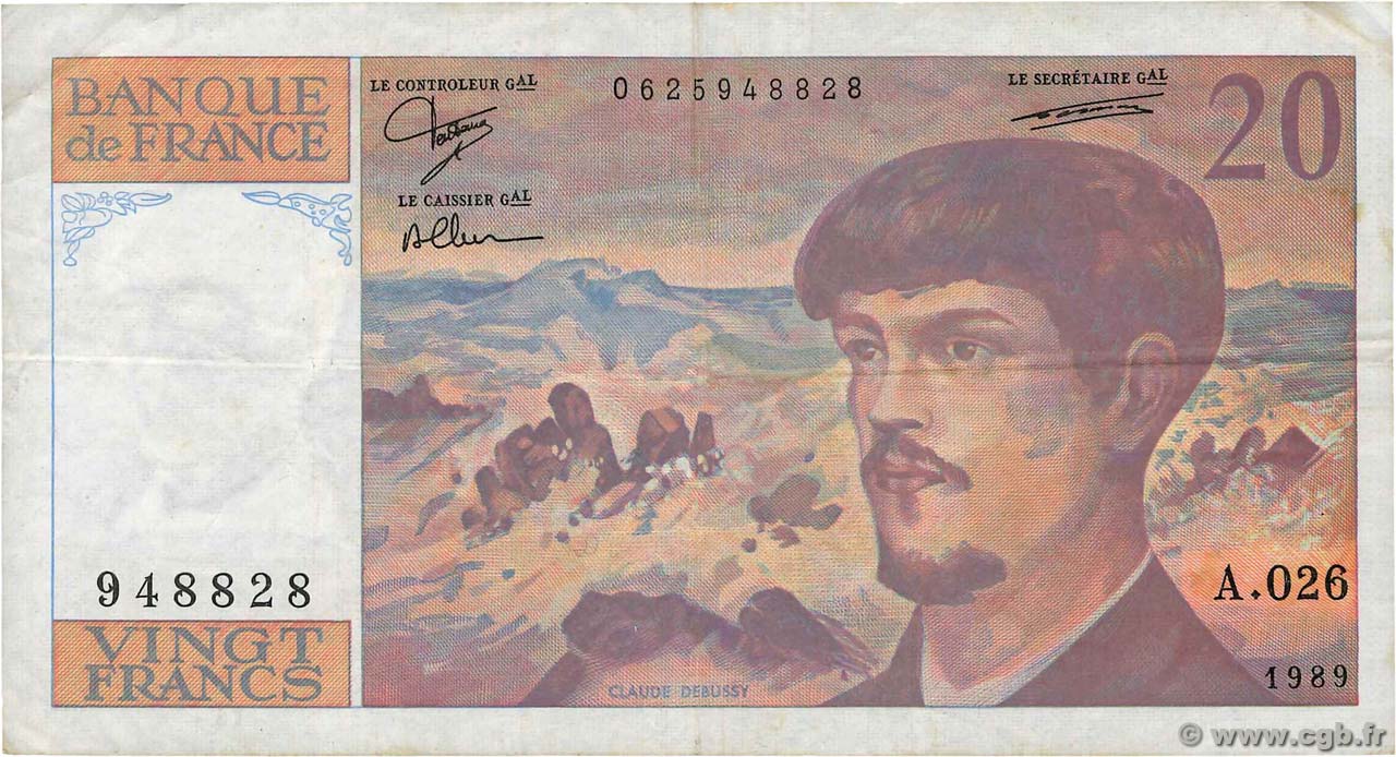 20 Francs DEBUSSY FRANCE  1989 F.66.10A26 F+