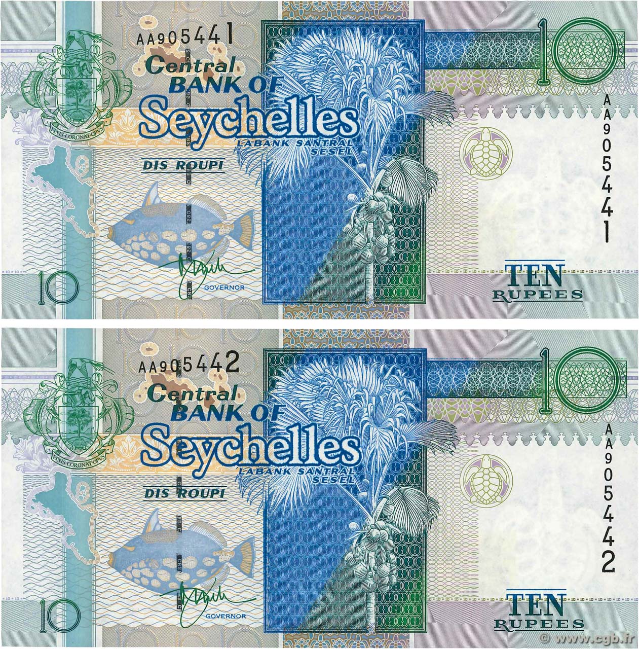 10 Rupees Consécutifs SEYCHELLES  1998 P.36a q.FDC