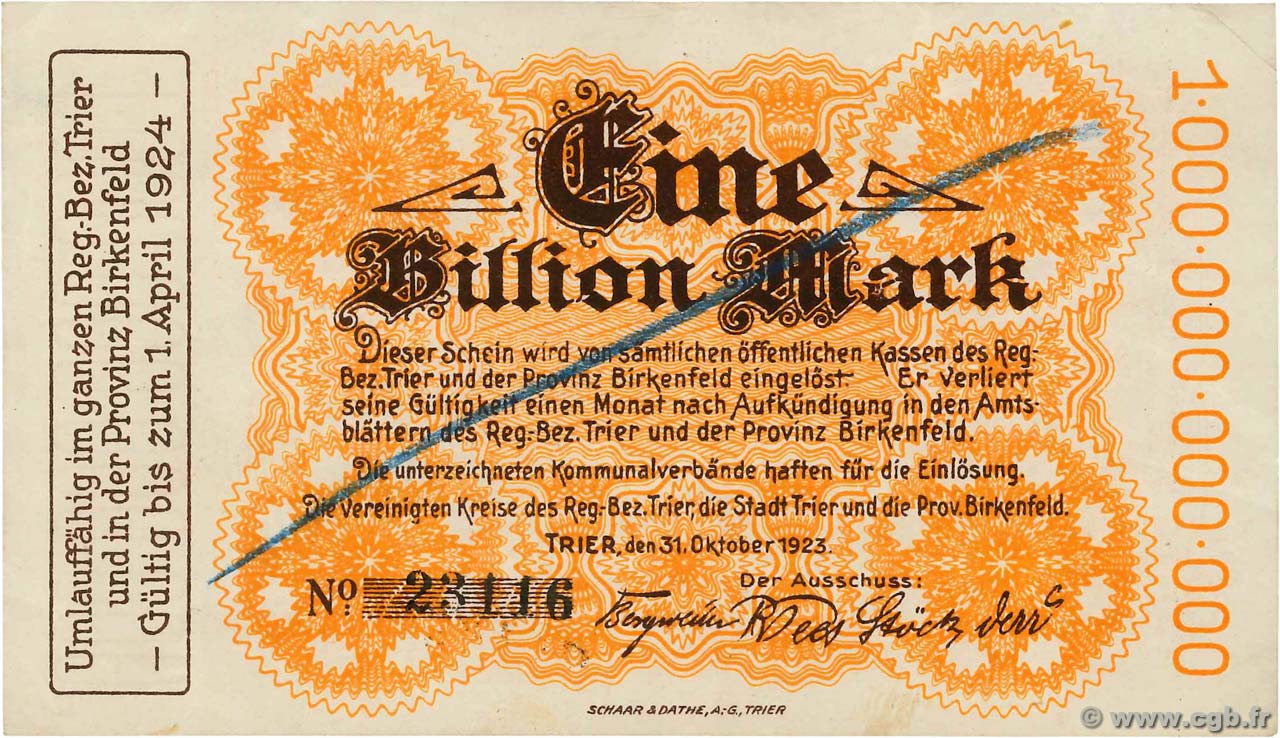 1 Billion Mark GERMANIA Trier - Trèves 1923  SPL