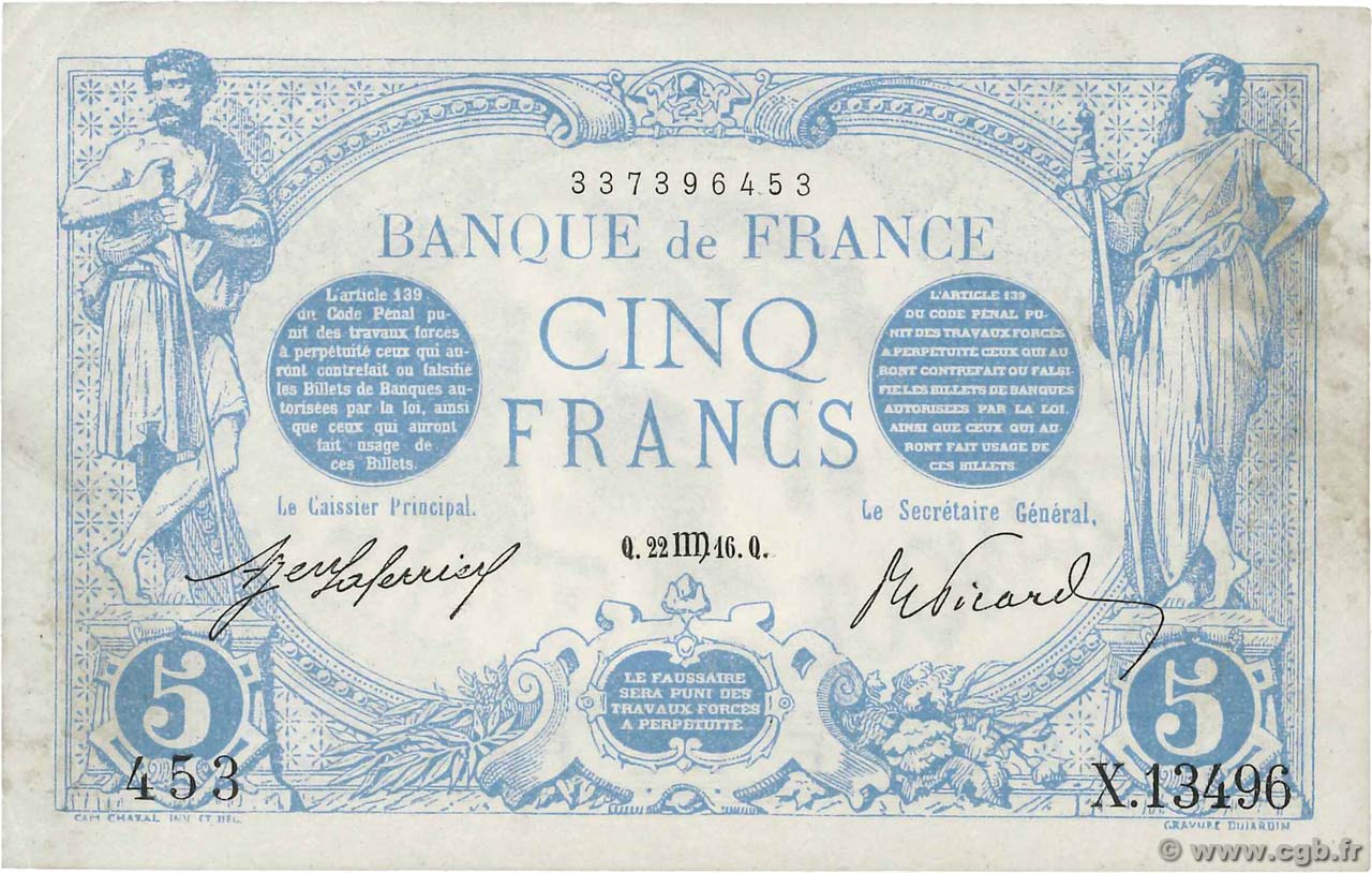 5 Francs BLEU FRANCIA  1916 F.02.42 SPL