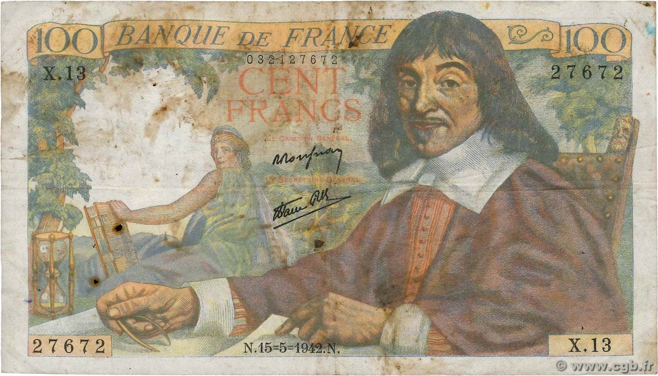 100 Francs DESCARTES FRANCIA  1942 F.27.01 BC