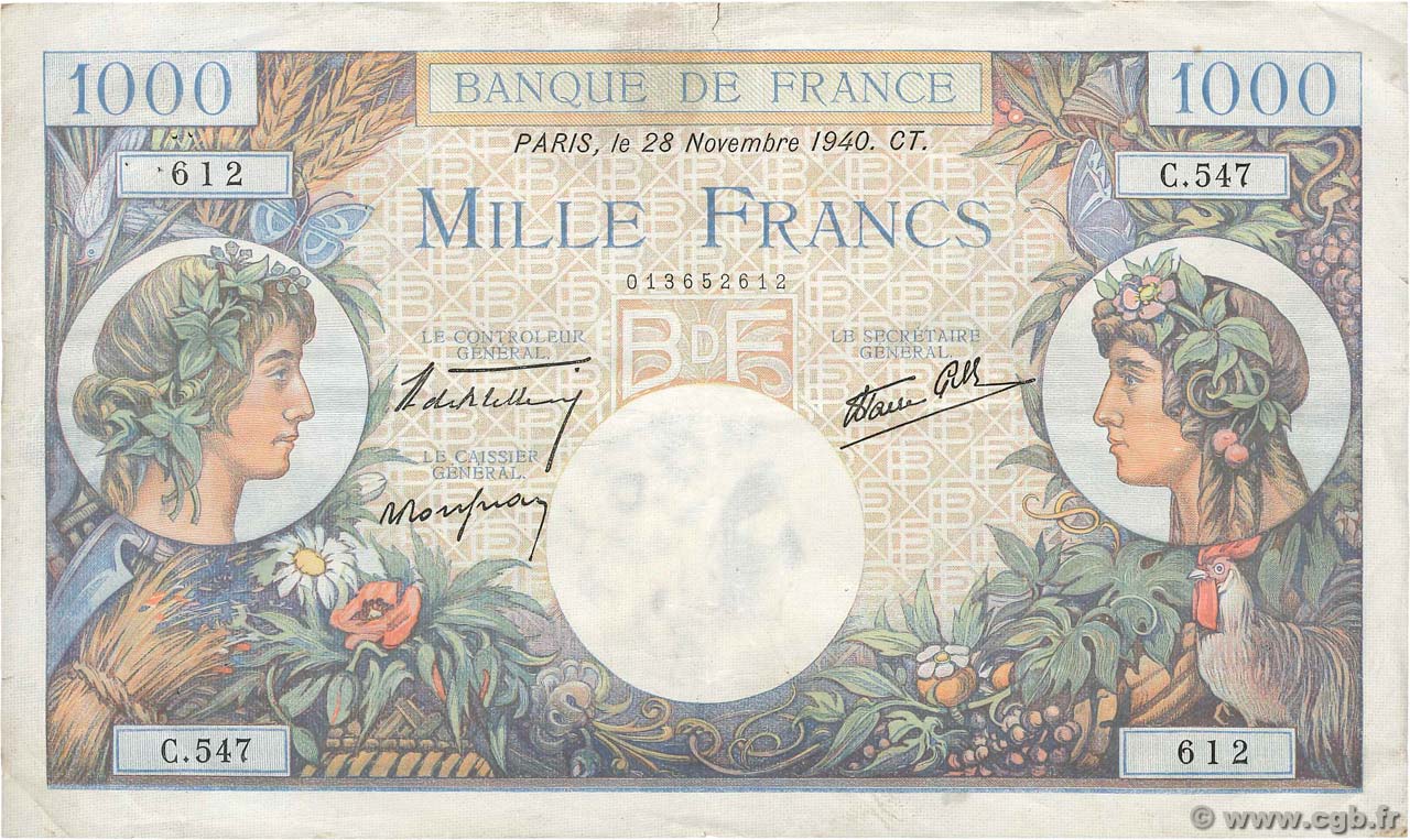 1000 Francs COMMERCE ET INDUSTRIE FRANCE  1940 F.39.02 VF