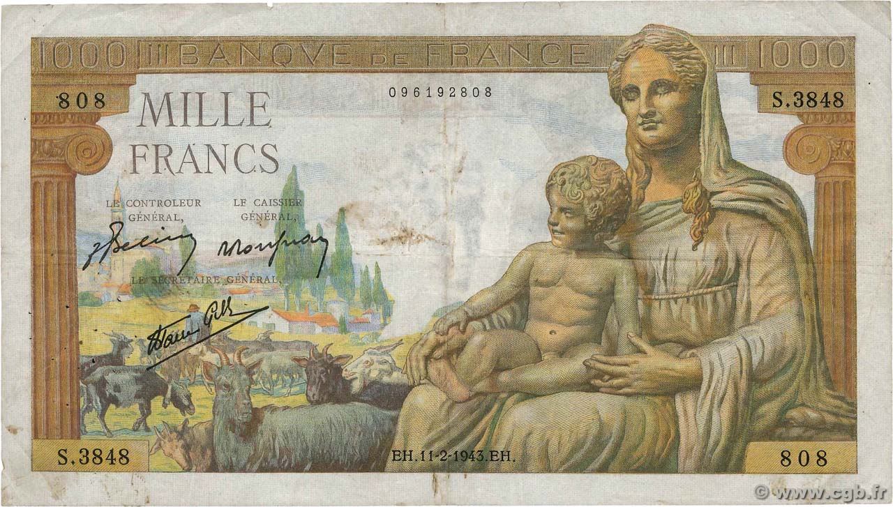 1000 Francs DÉESSE DÉMÉTER FRANCE  1943 F.40.18 TB+