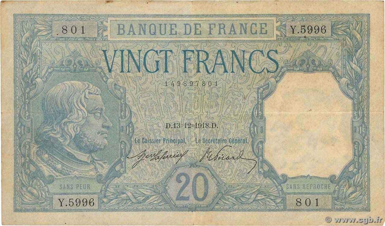 20 Francs BAYARD FRANCE  1918 F.11.03 TB+