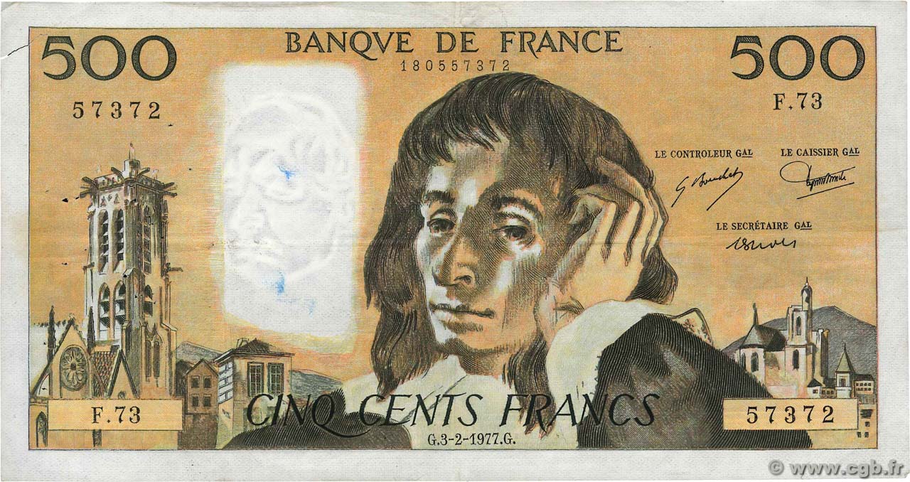 500 Francs PASCAL FRANCE  1977 F.71.16 VF