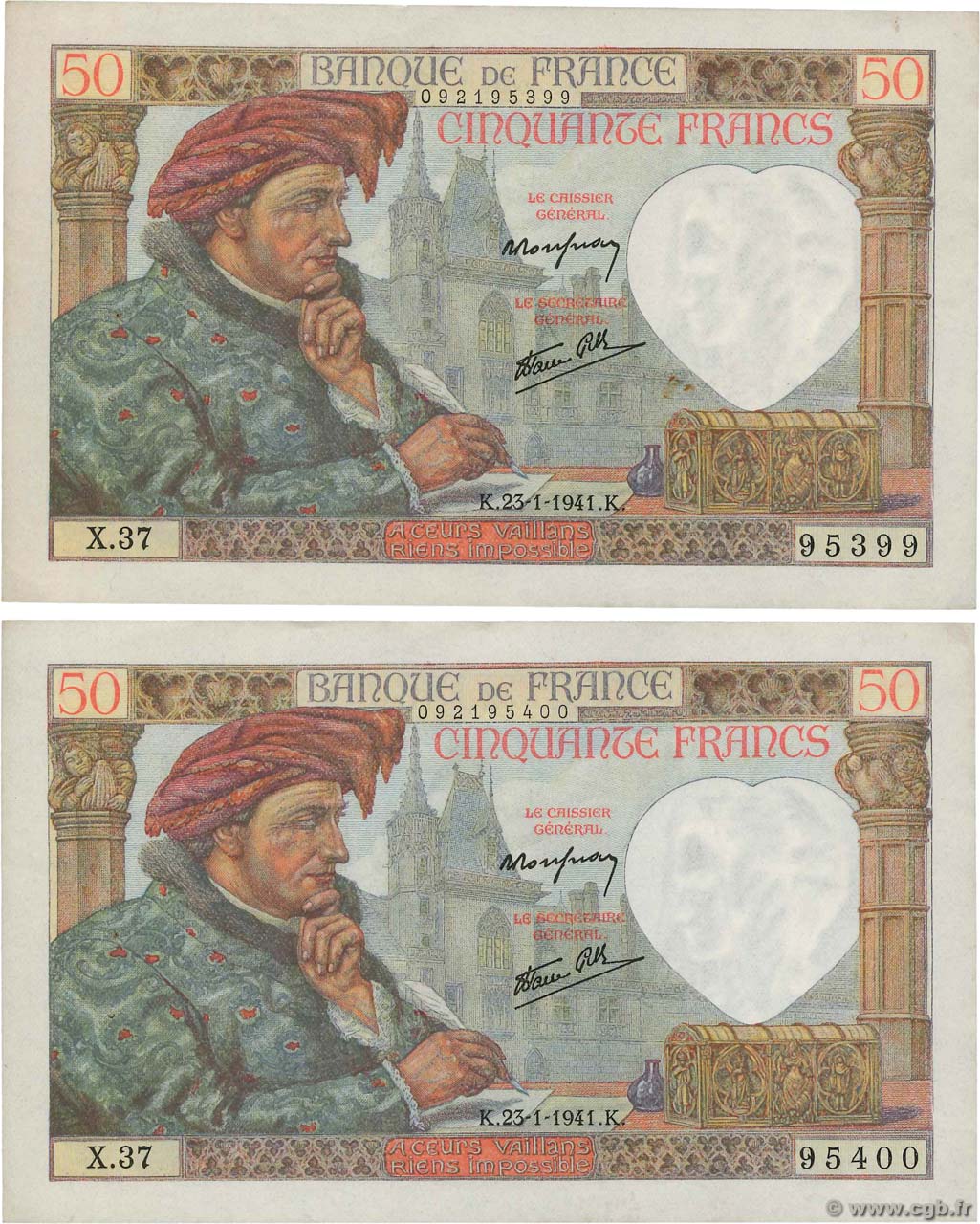 50 Francs JACQUES CŒUR Consécutifs FRANCIA  1941 F.19.05 SPL