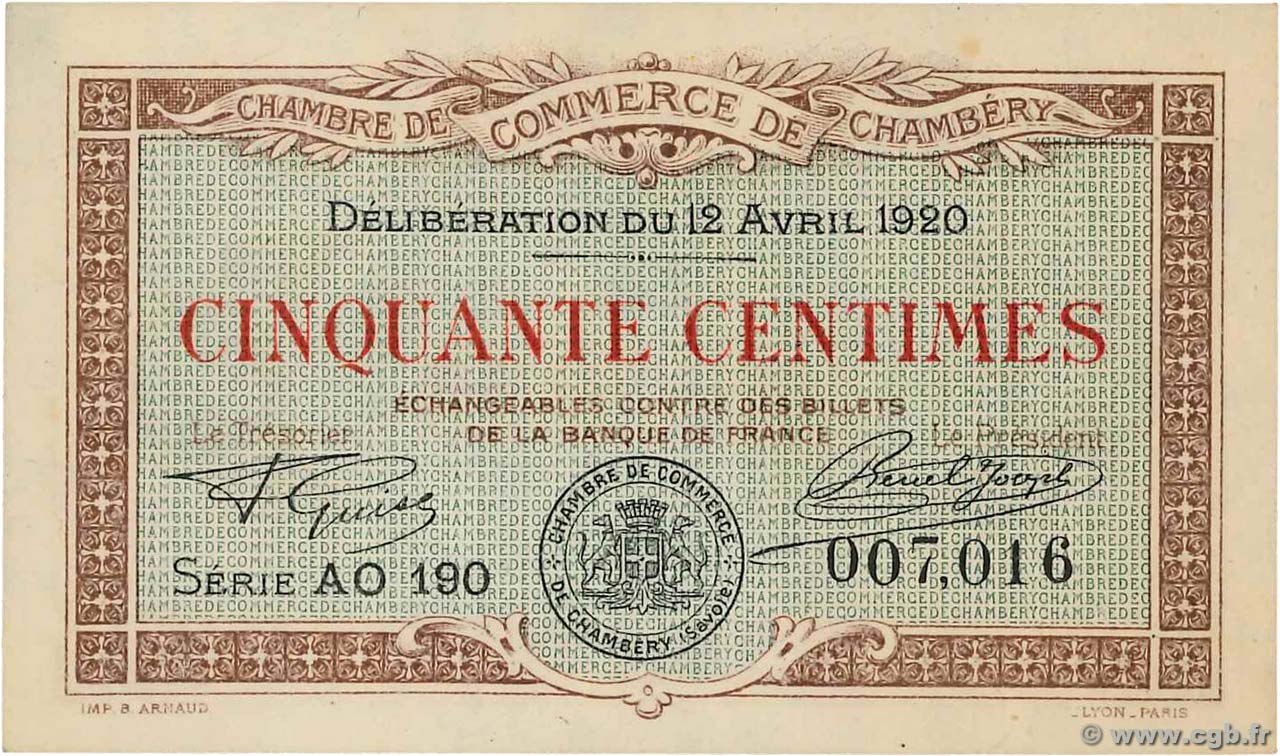 50 Centimes FRANCE regionalism and various Chambéry 1920 JP.044.12 AU+