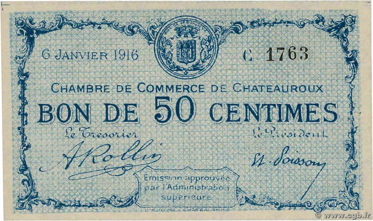 50 Centimes FRANCE regionalismo y varios Chateauroux 1916 JP.046.14 SC+