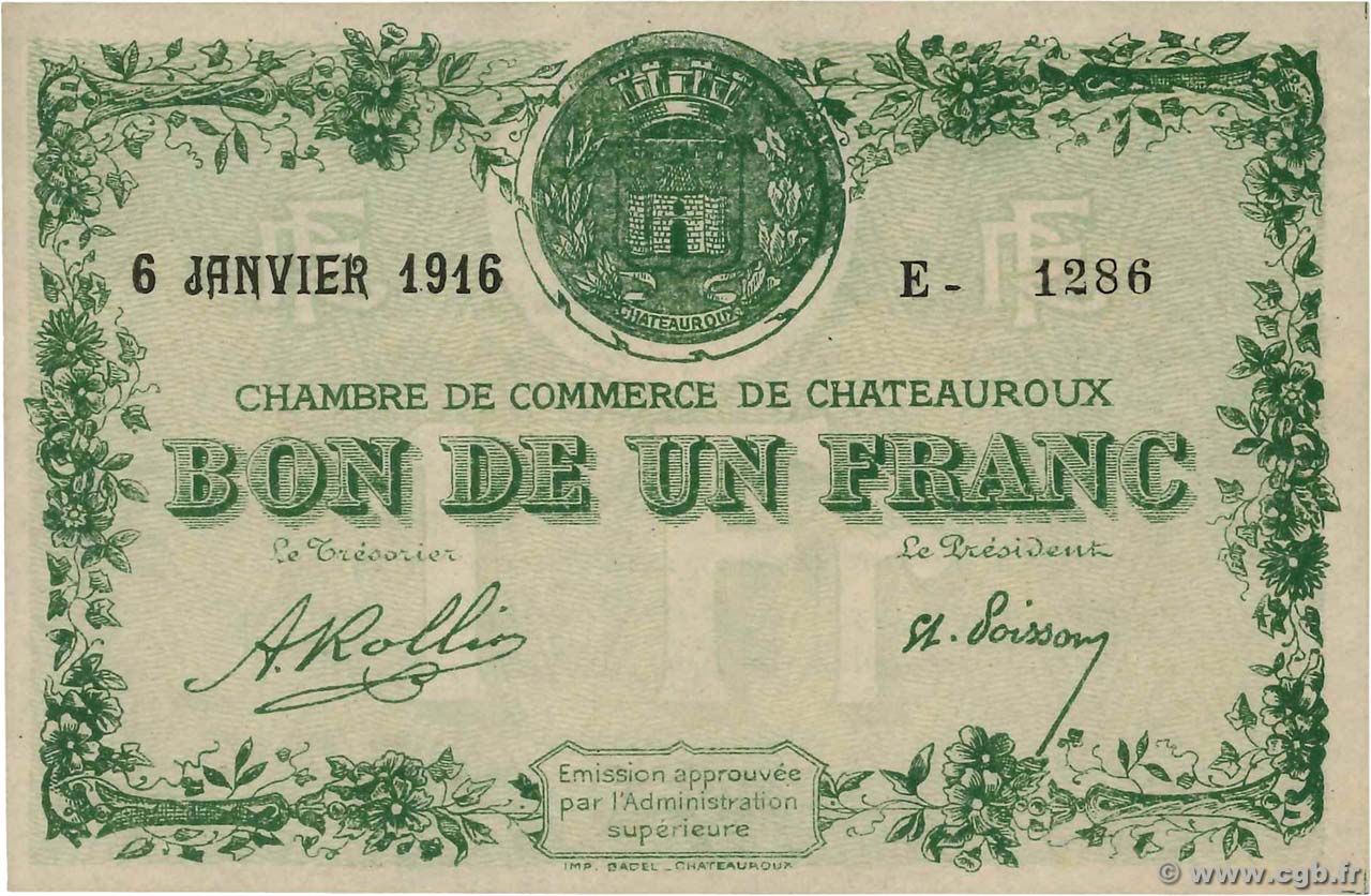 1 Franc FRANCE regionalism and miscellaneous Chateauroux 1916 JP.046.17 VF