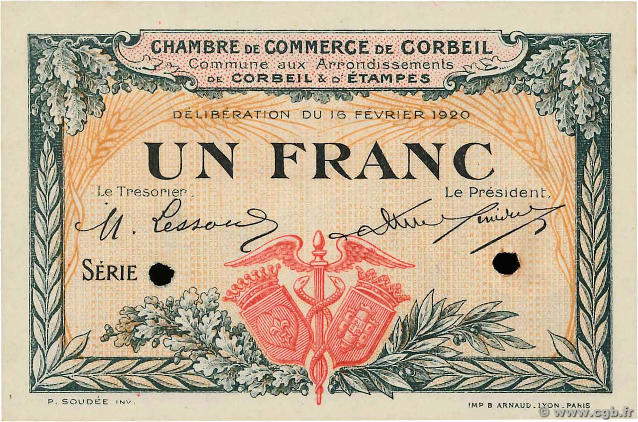 1 Franc Spécimen FRANCE Regionalismus und verschiedenen Corbeil 1920 JP.050.04 fST+