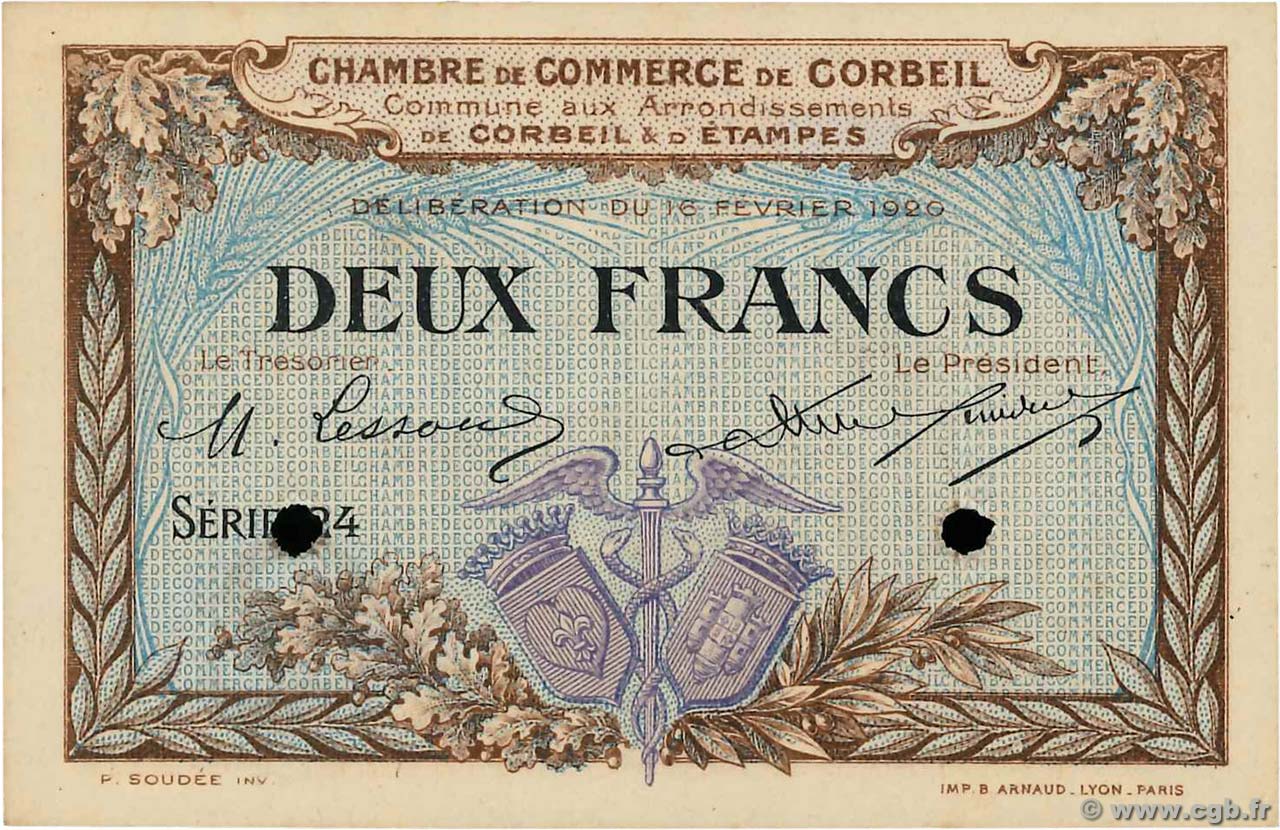 2 Francs Spécimen FRANCE régionalisme et divers Corbeil 1920 JP.050.06 pr.NEUF