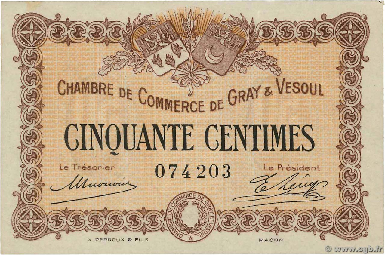 50 Centimes FRANCE régionalisme et divers Gray et Vesoul 1915 JP.062.01 TTB+