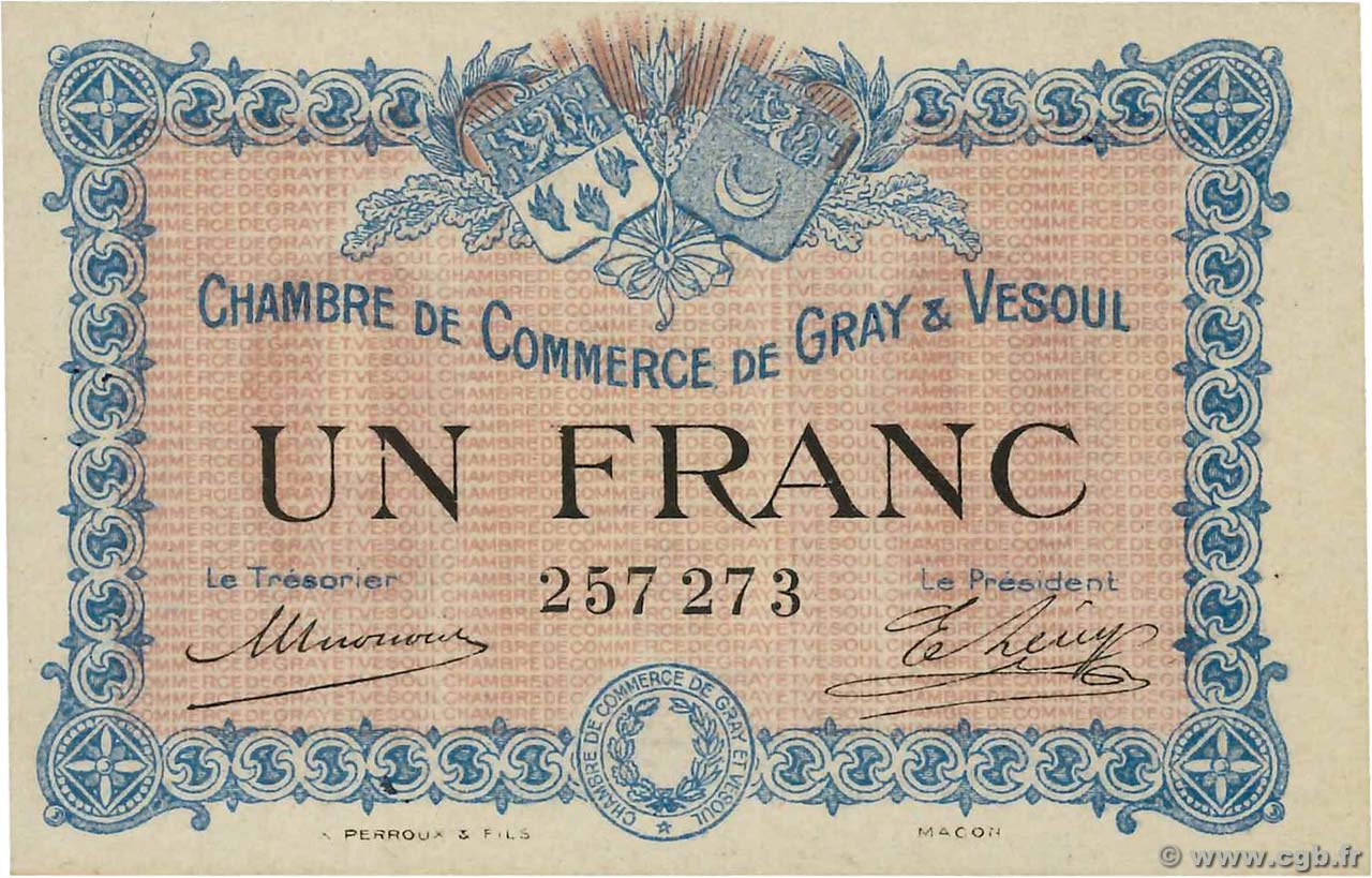 1 Franc FRANCE regionalismo y varios Gray et Vesoul 1915 JP.062.03 SC+