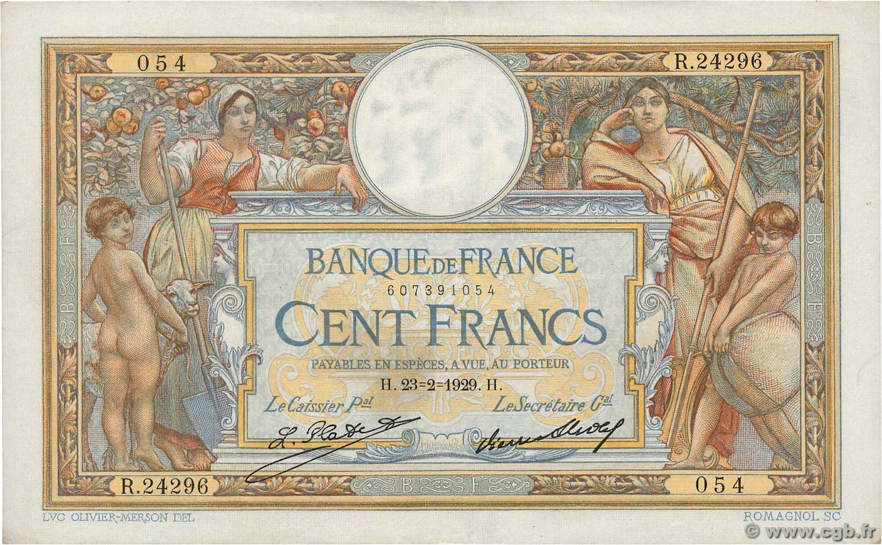 100 Francs LUC OLIVIER MERSON grands cartouches FRANCE  1929 F.24.08 XF-