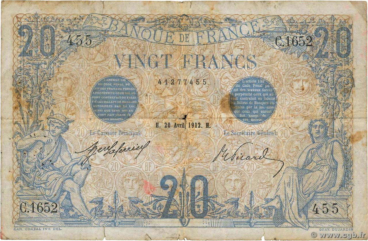 20 Francs BLEU FRANCIA  1912 F.10.02 q.MB