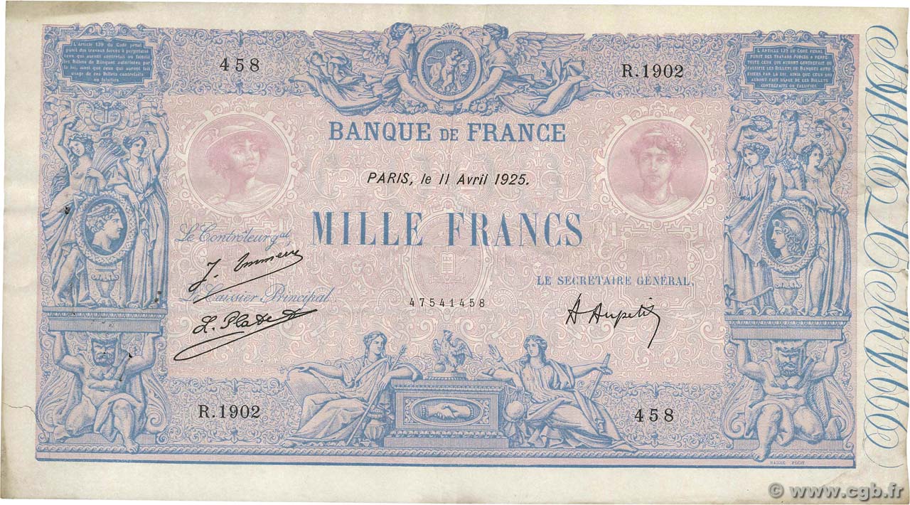 1000 Francs BLEU ET ROSE FRANCE  1925 F.36.41 VF