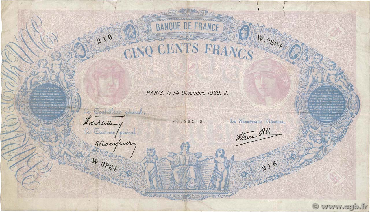 500 Francs BLEU ET ROSE modifié FRANCIA  1939 F.31.52 q.BB