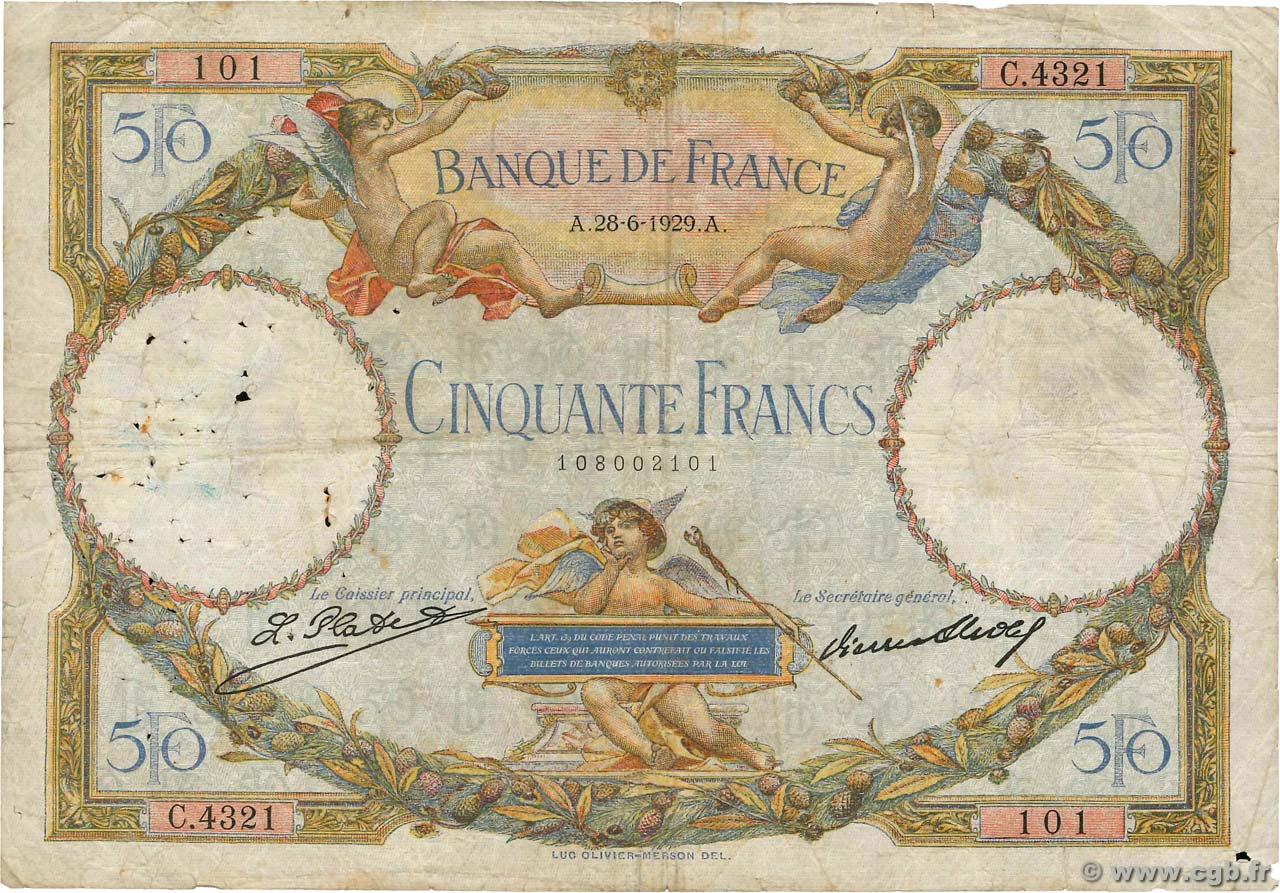 50 Francs LUC OLIVIER MERSON FRANCE  1929 F.15.03 pr.TB