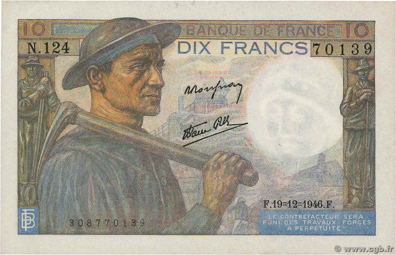 10 Francs MINEUR FRANCE  1946 F.08.16 AU-