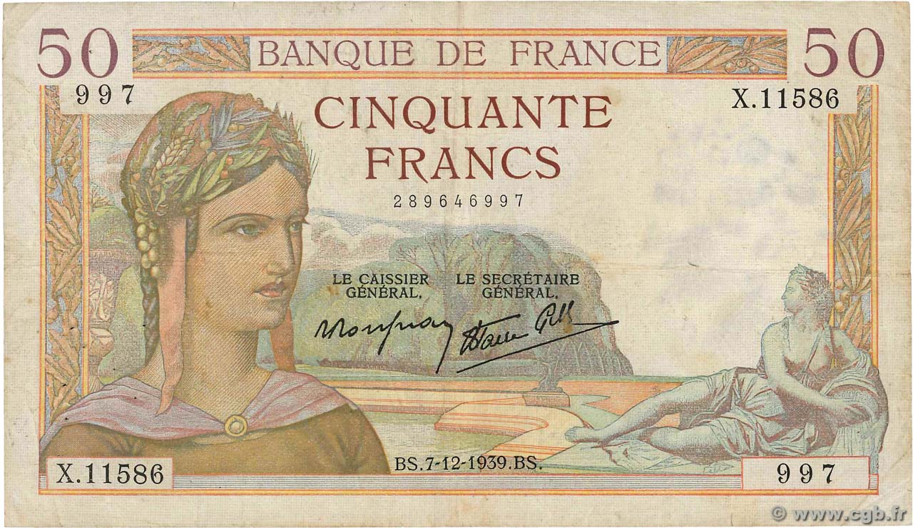 50 Francs CÉRÈS modifié FRANCE  1939 F.18.35 TB