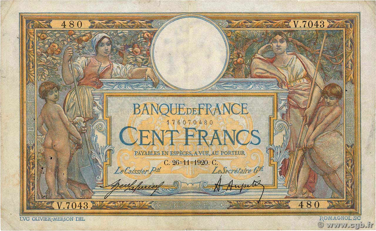 100 Francs LUC OLIVIER MERSON sans LOM FRANCE  1920 F.23.13 F+