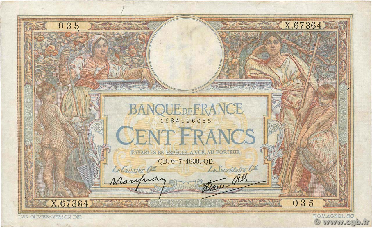 100 Francs LUC OLIVIER MERSON type modifié FRANCE  1939 F.25.48 TTB+