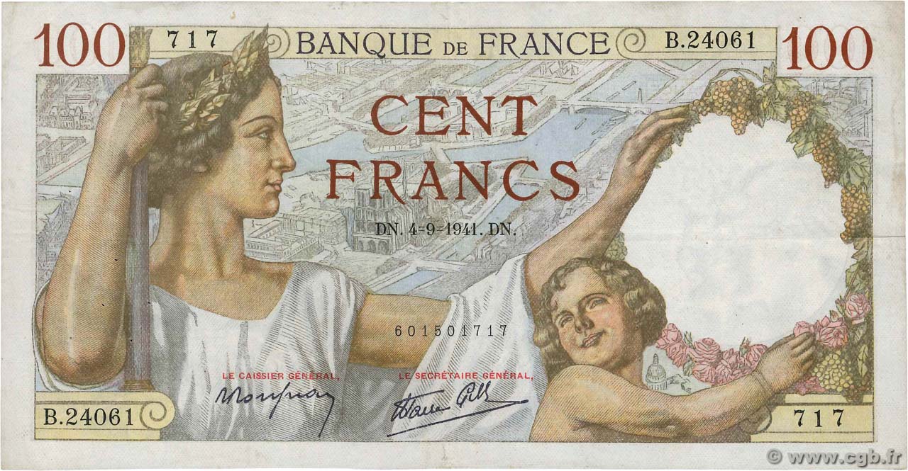 100 Francs SULLY FRANCE  1941 F.26.57 VF