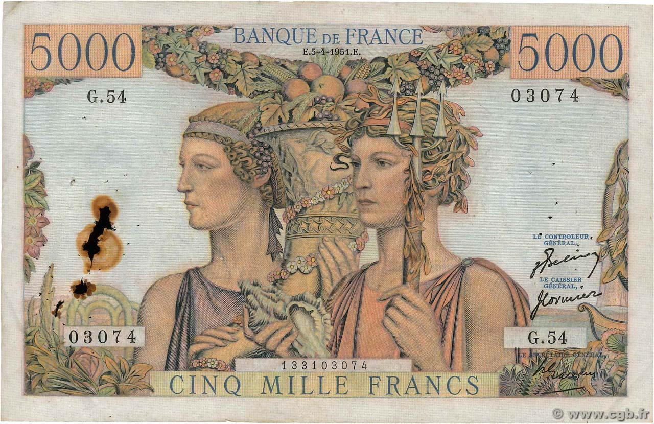 5000 Francs TERRE ET MER FRANKREICH  1951 F.48.04 SS