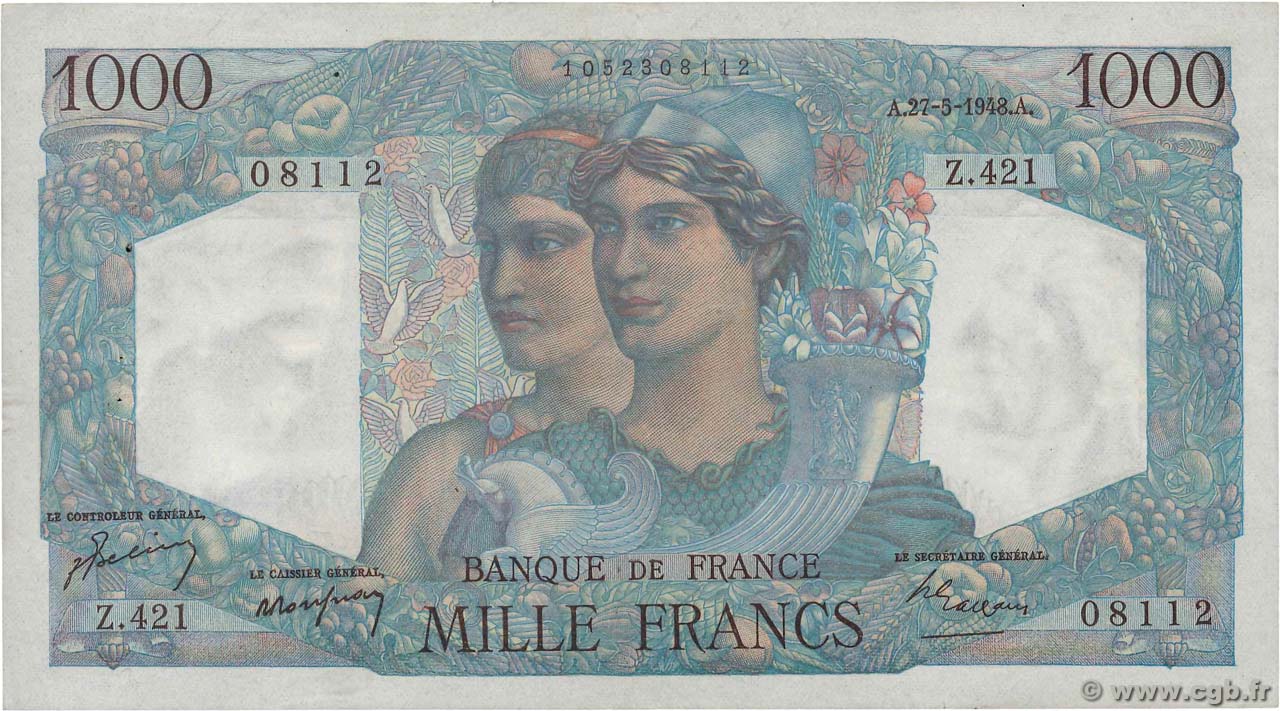 1000 Francs MINERVE ET HERCULE FRANCE  1948 F.41.21 VF+